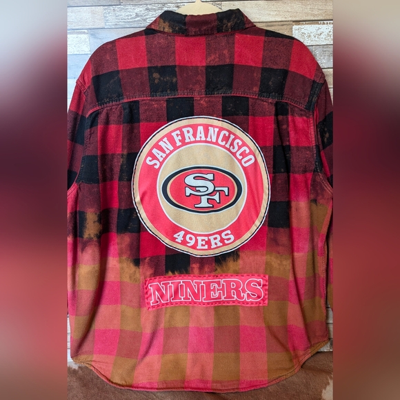 San Francisco 49ers Upcycled Dip Dye Bleach Flannel Shirt - Picture 2 of 15